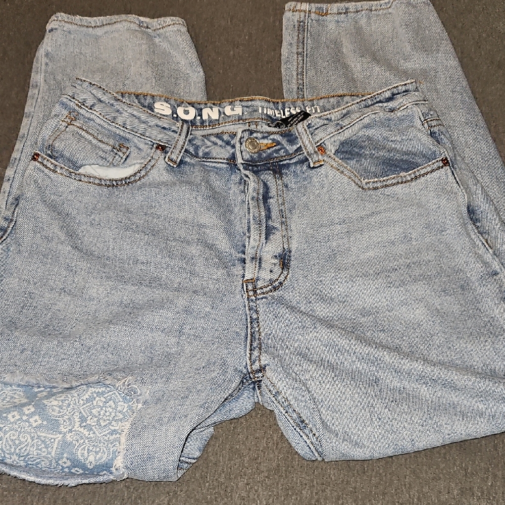SONG Light Blue Denim Jeans with Paisley Detail